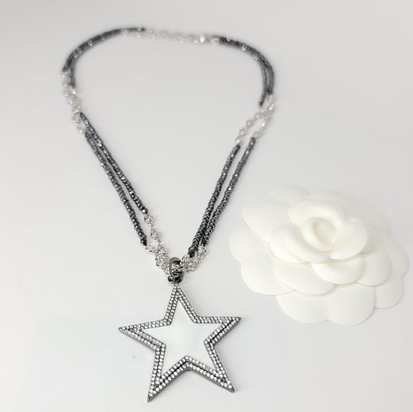 SueSue Jewelry - White Enamel Star Pave CZ long Hematite Necklace